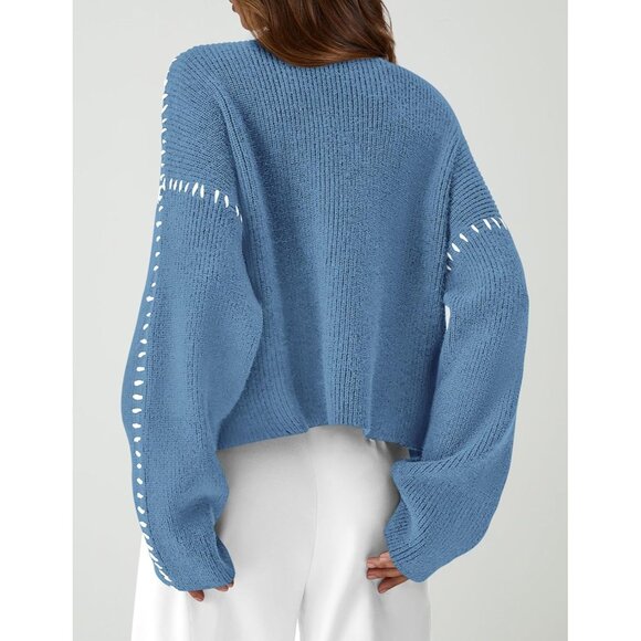 Prettygarden Women's Blue Fall Long Sleeve Mock Neck Oversized Chunky Sweaters - Picture 2 of 8